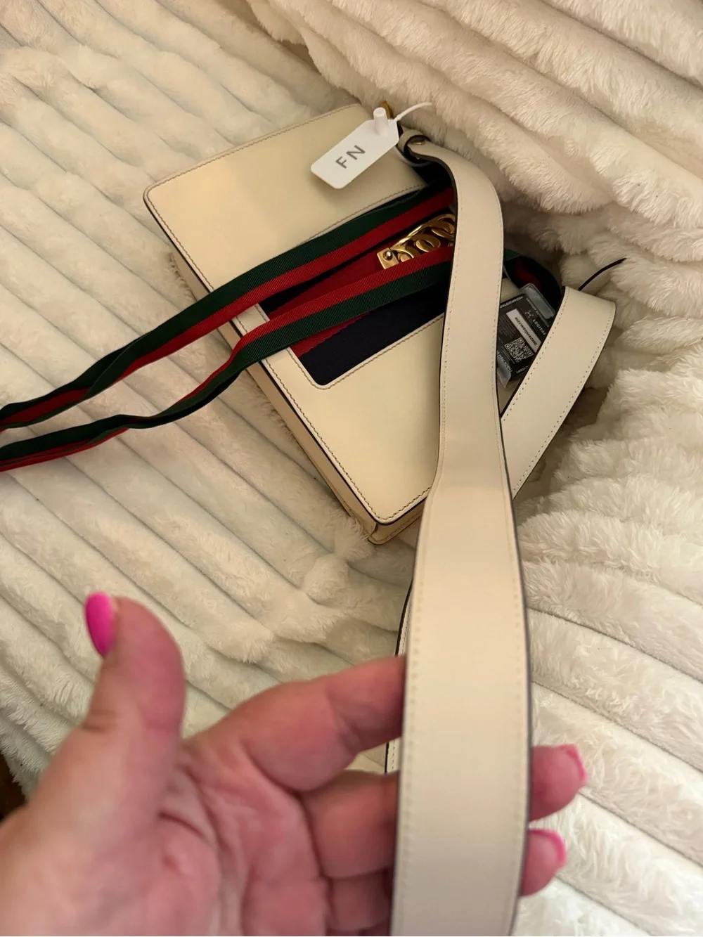 Gucci Small Sylvie Leather Shoulder Bag Off White Calfskin with Web Ribbon